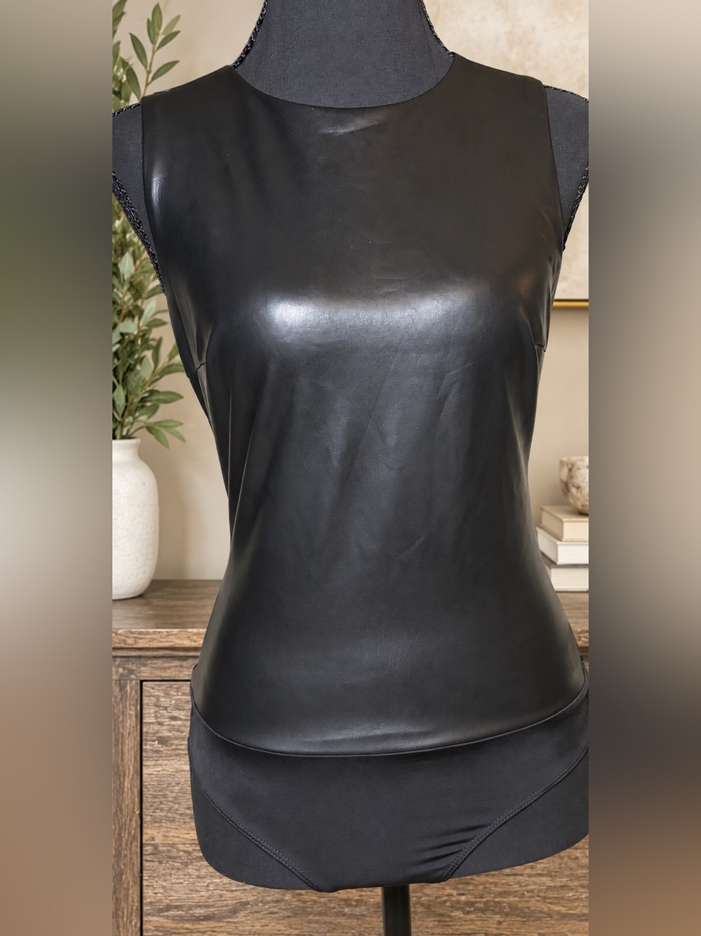 Express Body Contour Black Faux Leather High Neck Sleeveless Bodysuit S